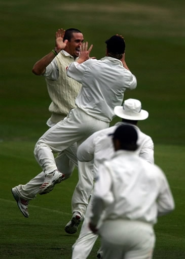 Kevin Pietersen celebrates after getting Salman Butt run out