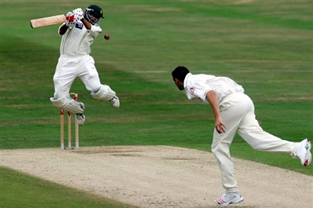 Younis Khan receives a bouncer from Steve Harmison