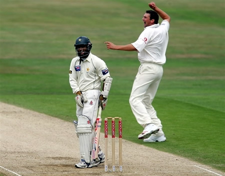 Steve Harmsion celebrates the wicket of Mohammad Yousuf