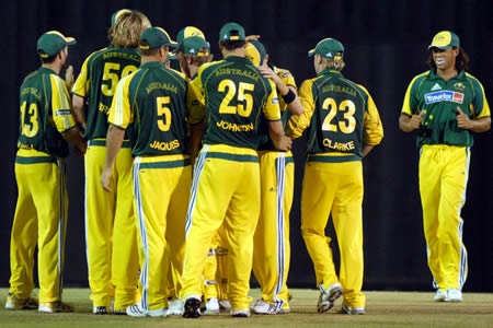 Australia team celebrate after taking a wicket