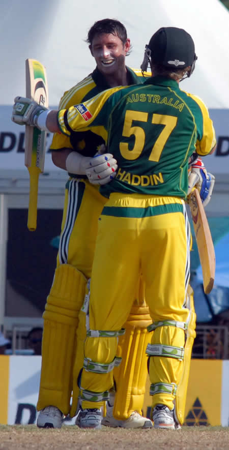 Hussey congratulated by Haddin after his century