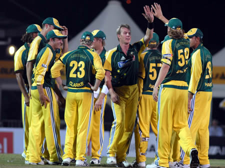 Austalia team celebrates after taking a wicket