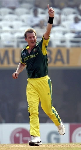 Lee celebrates after taking a wicket