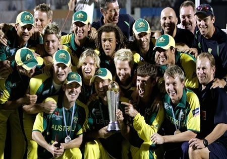 Australian cricketers & team officials pose with The ICC Champions Trophy 2006