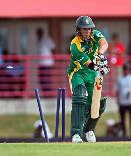 AB de Villiers is bowled by Dave Langford-Smith