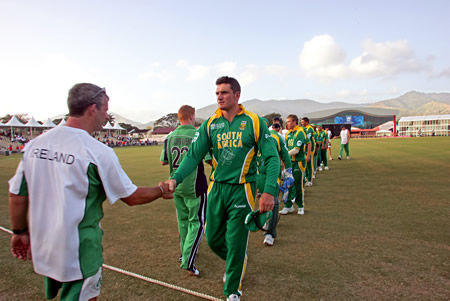 South Africa players shakes hands with Irish team after they beat Ireland by 35 runs