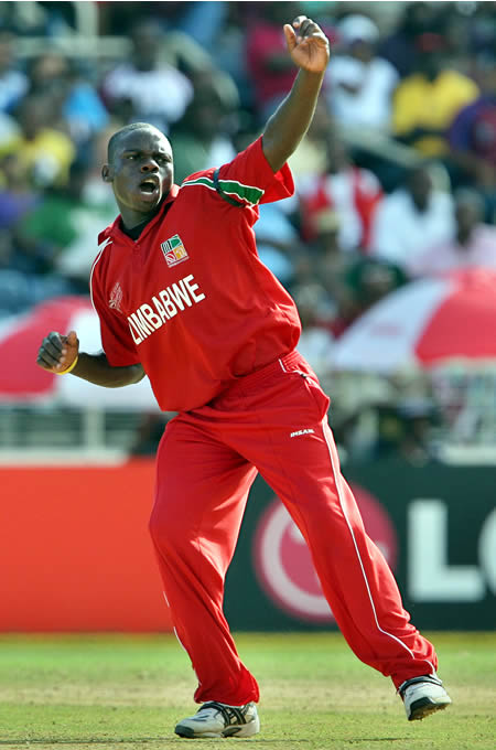 Mupariwa celebrates the wicket of Sarwan