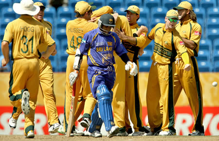 Australians celebrate the wicket of Sanath Jayasuriya