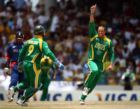 Andrew Hall celebrates the wicket of Flintoff