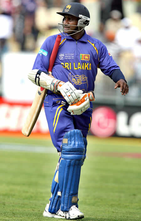 Sanath Jayasuriya leaves the field after being bowled out by James Franklin