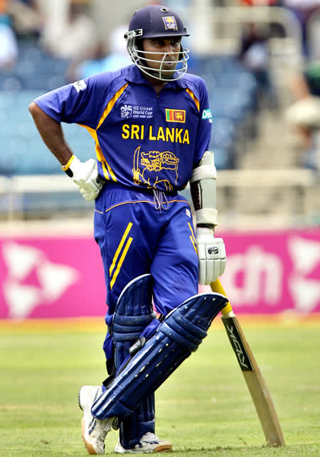 Mahela Jayawardene waits for a fill-in batsman after the dismissal of Chamara Silva