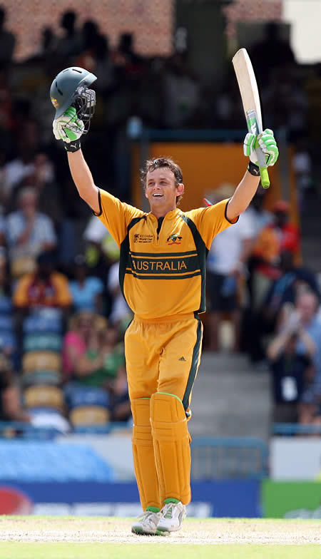 Adam Gilchrist acknowledges crowd's applause after scoring his century