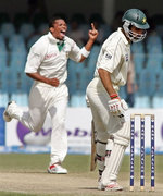 Makhaya Ntini celebrates the wicket of Misbah-ul-Haq