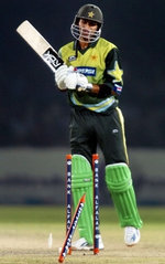 Shoaib Malik is bowled by Albie Morkel