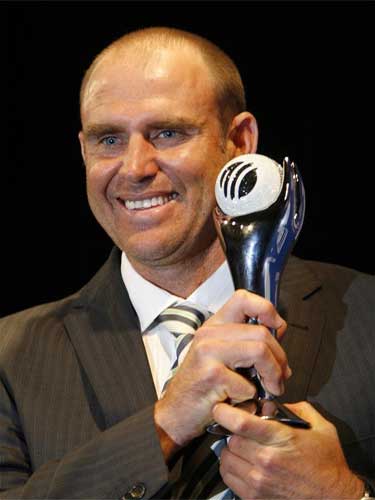 Matthew Hayden holds the trophy after he was named the ODI Player of the Year