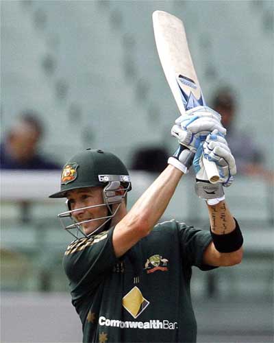 Michael Clarke plays a shot during their tri-series