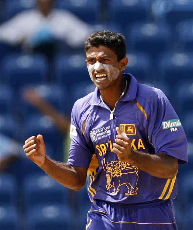 Farveez Maharoof celebrates after taking the wicket of Jeremy Bray