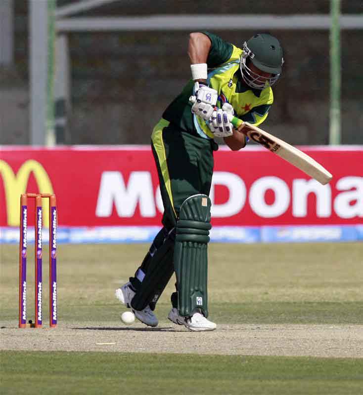 Nasir Jamshed plays a shot against Zimbabwe