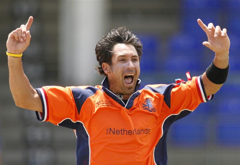 Billy Stelling celebrates after taking the wicket of AB de Villiers