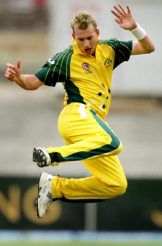 Brett Lee (3-36) jumps for joy after smashing WI top order