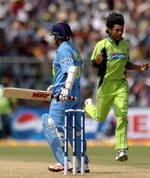 Sachin Tendulkar reacts after he was dismissed by Mohammad Sami