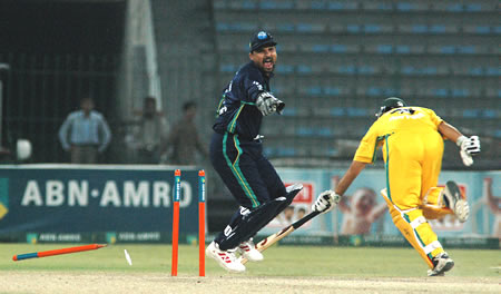 Fawad Khan run out as Moin Khan appeals