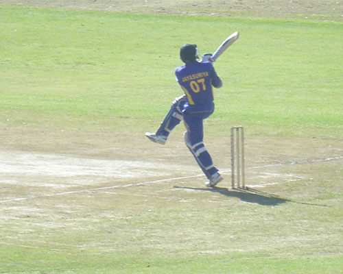 Jayasuriya mistimes the pull shot