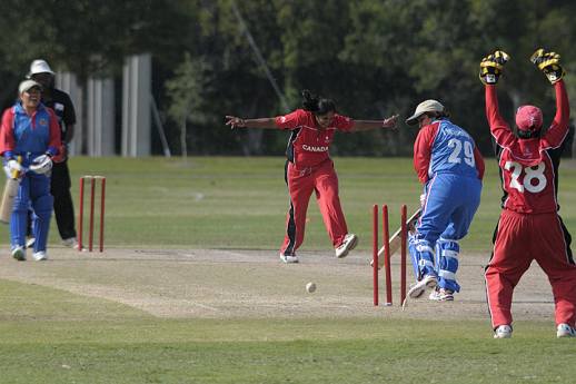 Player of the match Mona Persaud of Canada clean bowls Ivy Malabir of USA