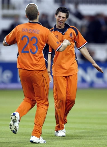 Pieter Seelaar celebrates the wicket of Collingwood