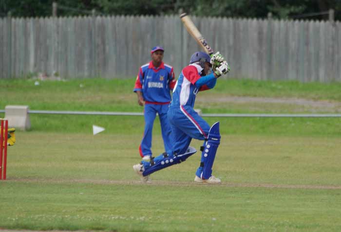 Azurdeen Mohammed straight drives on his way to 60