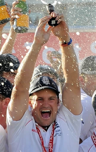 England Captain Andrew Strauss holds the Ashes Trophy