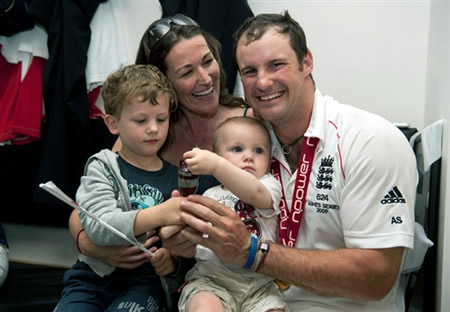 England Captain Andrew Strauss celebrates with his family after winning the Ashes 2009