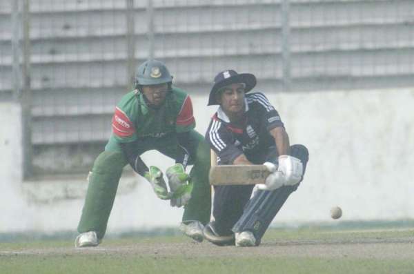 Man of the match Ateeq Javed sweeps during his 63