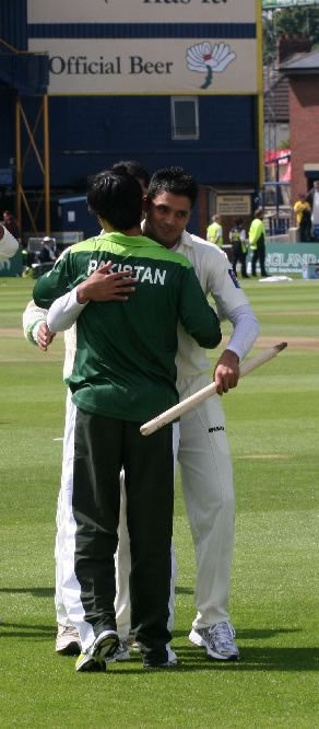 Azhar and Butt congratulate each other after historic win over Australia