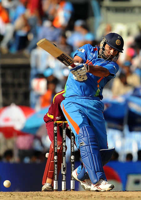 Yuvraj Singh plays a shot against West Indies