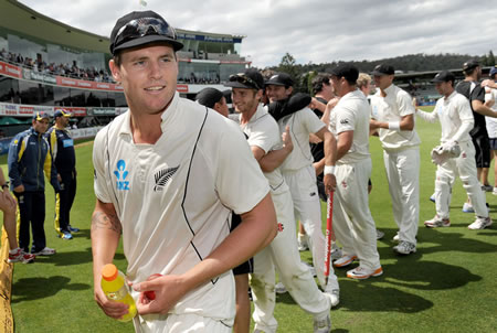 Doug Bracewell walks off the field after New Zealand's victory