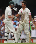 Michael Clarke congratulates Ricky Ponting on his century