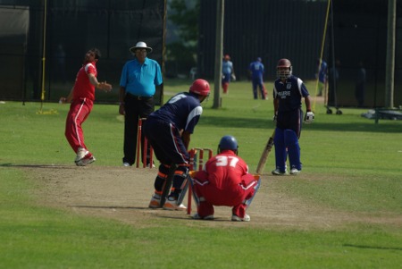 Pacific Edge captain Jimmy Hansra bowling to Razr-ur-Rehman