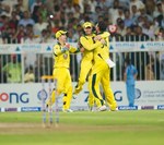 Michael Clarke and Daniel Christian celebrate after dismissing Misbah-ul-Haq