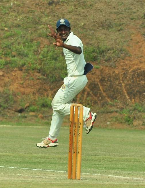 Sanju Samson celebrates the run out of Dheeraj Jadhav