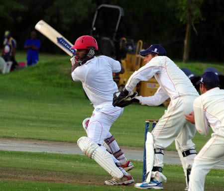 Ruvindu Gunasekera cuts for a boundary