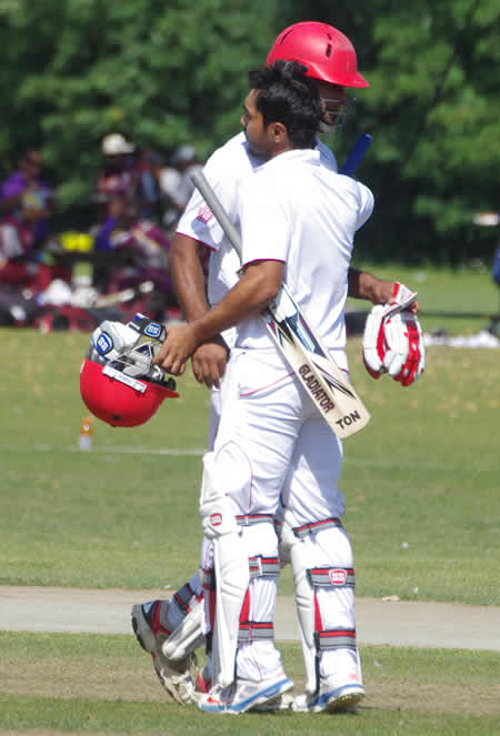 Canadian captain Ashish Bagai congratulates Ruvindu Gunasekera