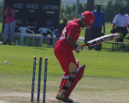 Hiral Patel looks back after being bowled by Timm van der Gugten's second ball