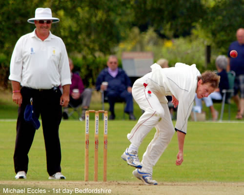 Michael Eccles in his follow-through while bowling for Norfolk against Bedfordshire