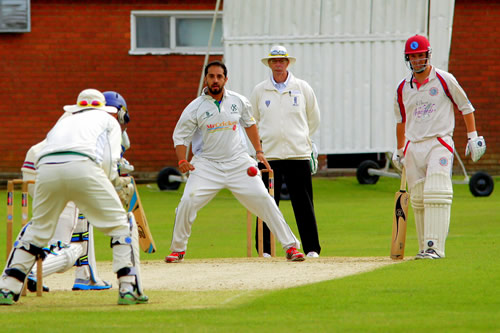 Shaftab Khalid bowling to Lewis Denmark