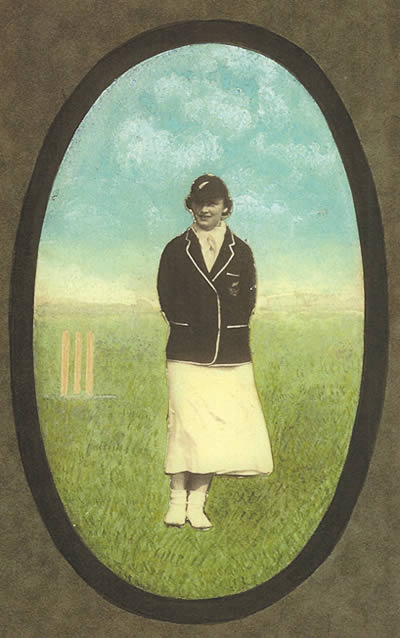 Coloured cut out portrait of Mavis Norman