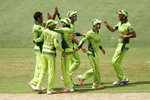 Sohail Khan celebrates after taking a wicket