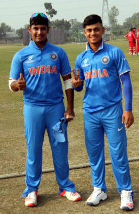 Ishan Kishan and Ricky Bhui of India Under-19s celebrate their centuries during the warm-up match against Canada Under-19s