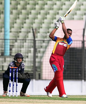 Shimron Hetmyer of West Indies Under-19s drives on his way to 136 during the warm-up match against Scotland Under-19s