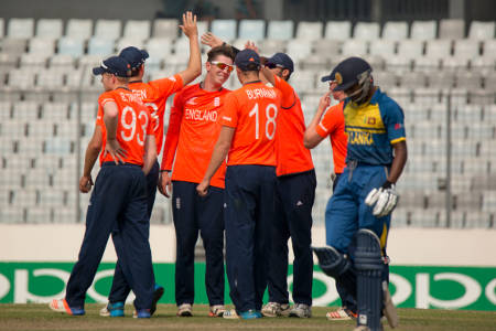 England celebrate after getting the wicket of Kaveen Bandara